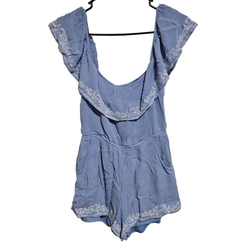Blue Rain Ruffled Romper Womens Size Small Blue Embroidered Trim Jumper Shorts